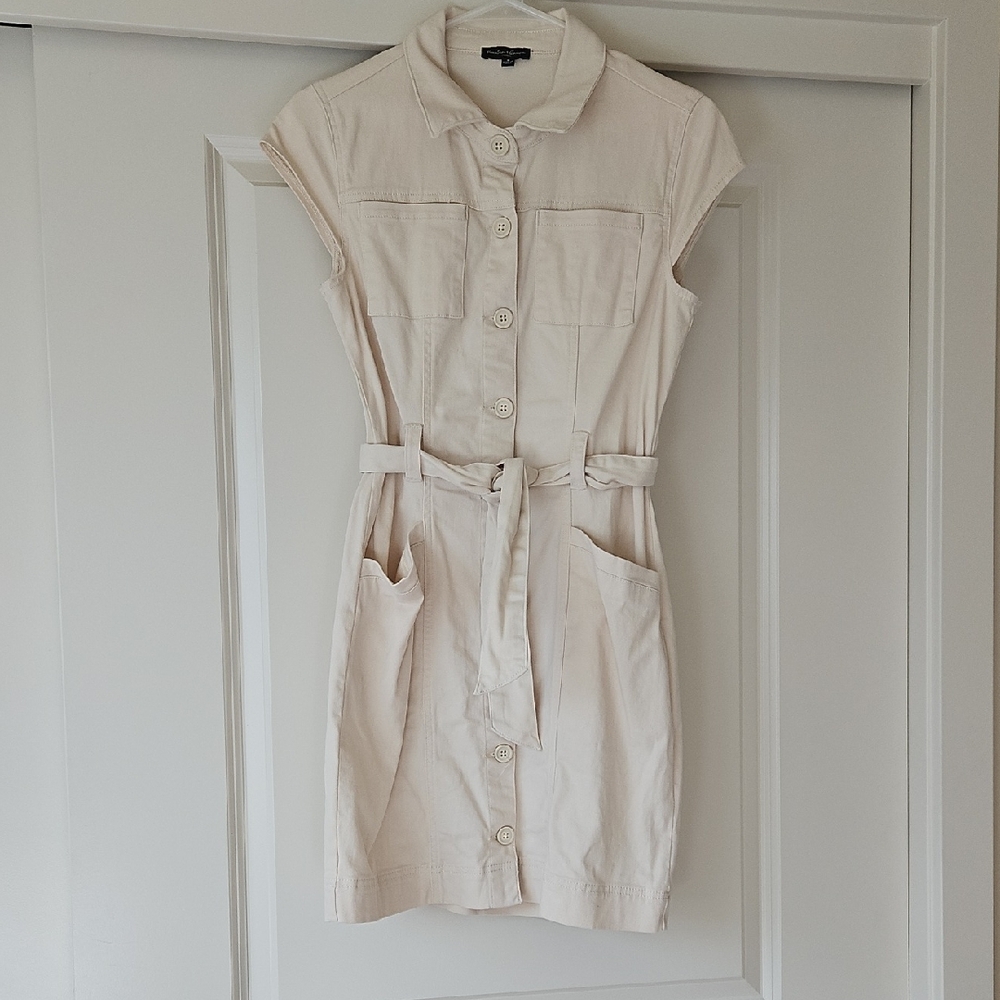 Sleeveless Cream Shirt Mini Dress with Self-Tie Belt